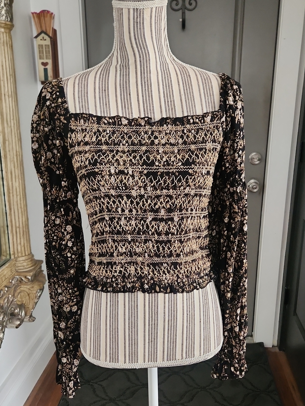 Promesa Smocked Square-Neck Floral Long-Sleeve Top in Black and Cream